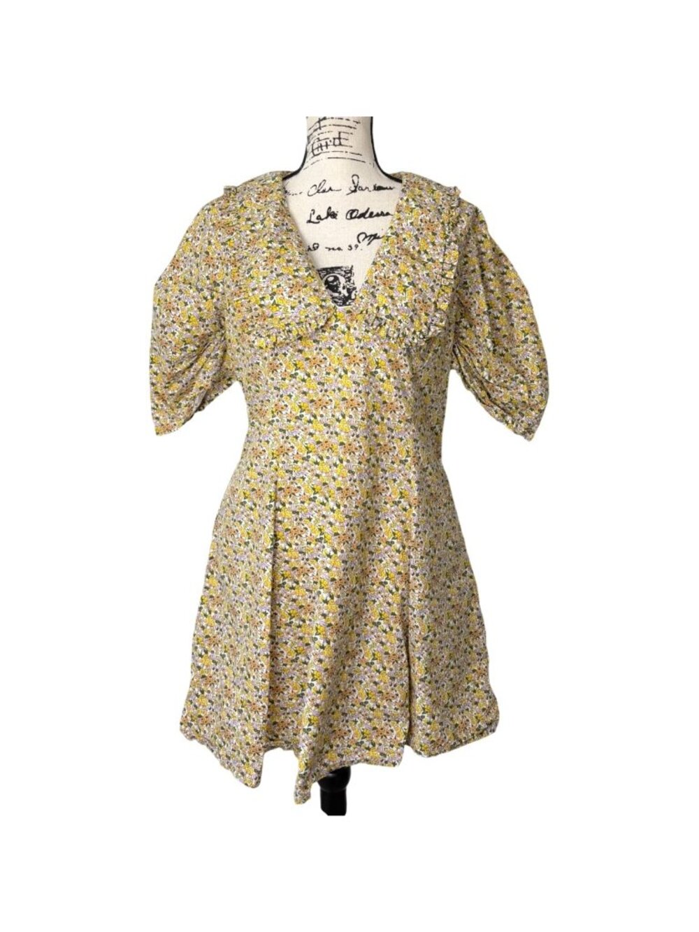Anthropologie Womens Size 14 Collared Floral Mini Dress Yellow Puff Sleeve - Picture 2 of 9